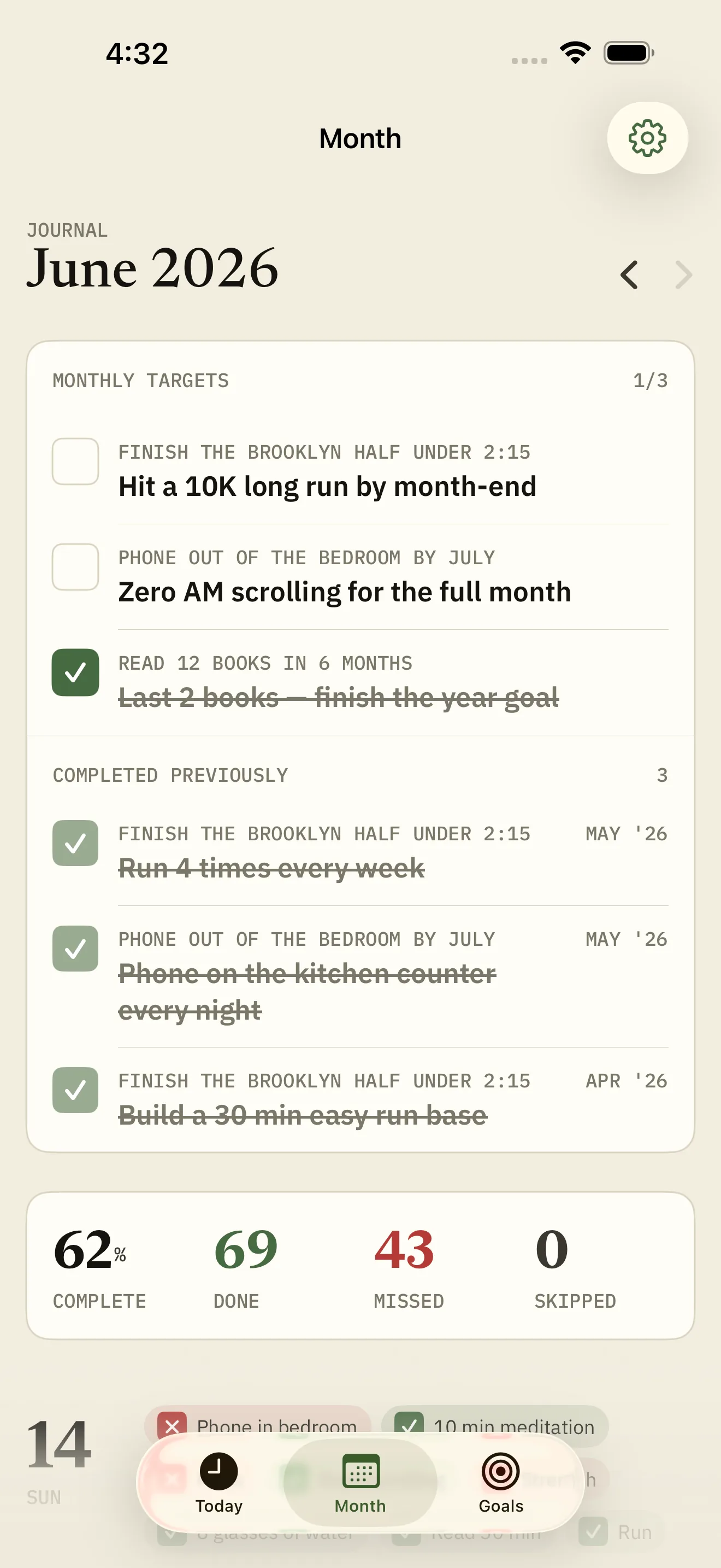 Trueward Month journal showing the monthly tally and daily entries